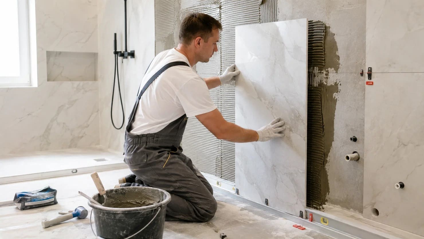 Oficial profesional alicatando la pared con porcelánico de gran formato en una reforma de baño en Barcelona